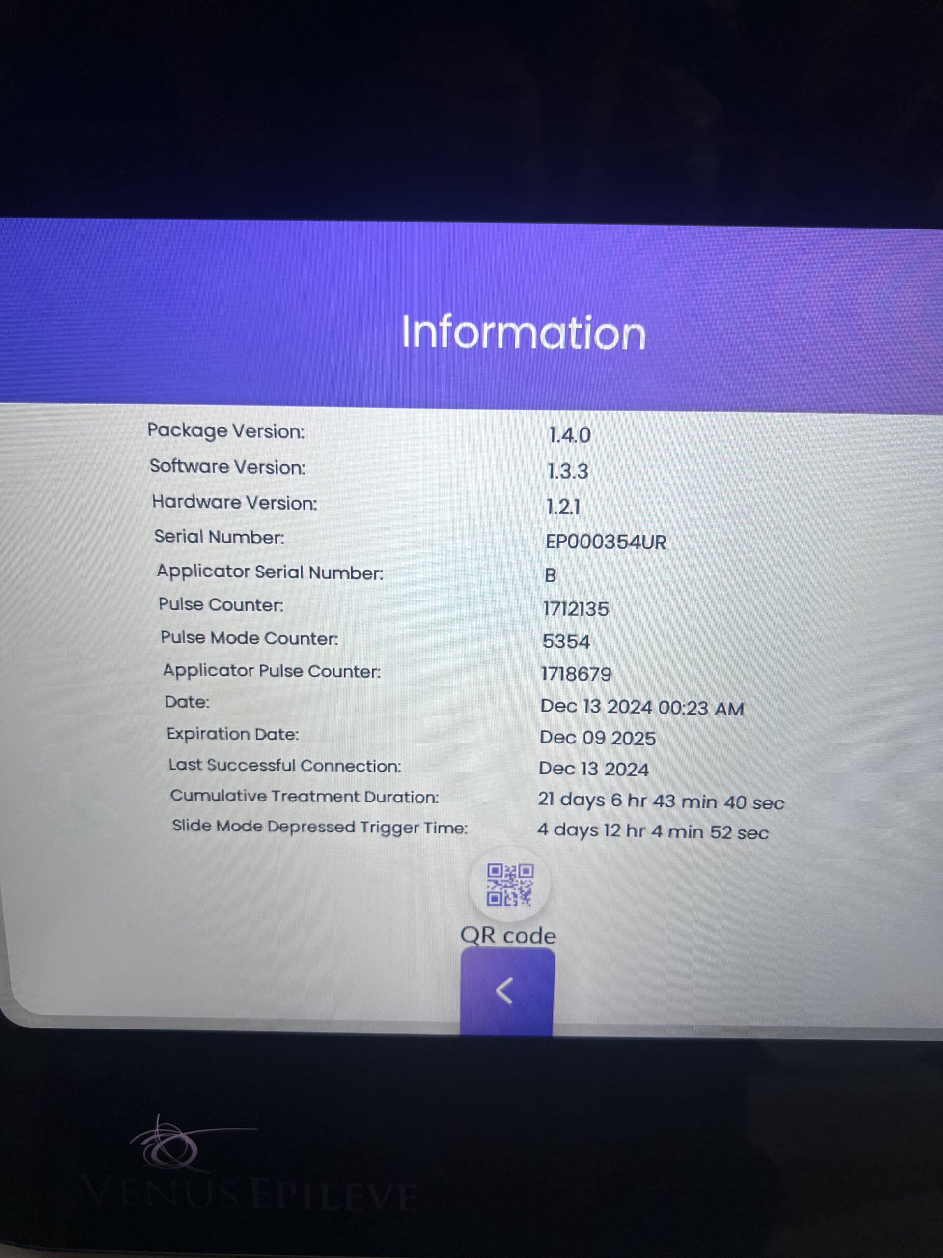 Venus Epieleve control interface screen close-up