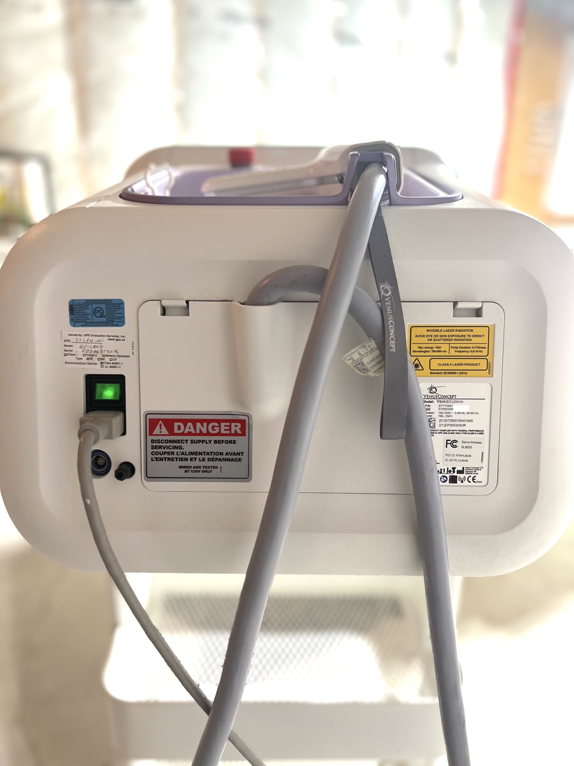 Epileve device rear panel with attached cables