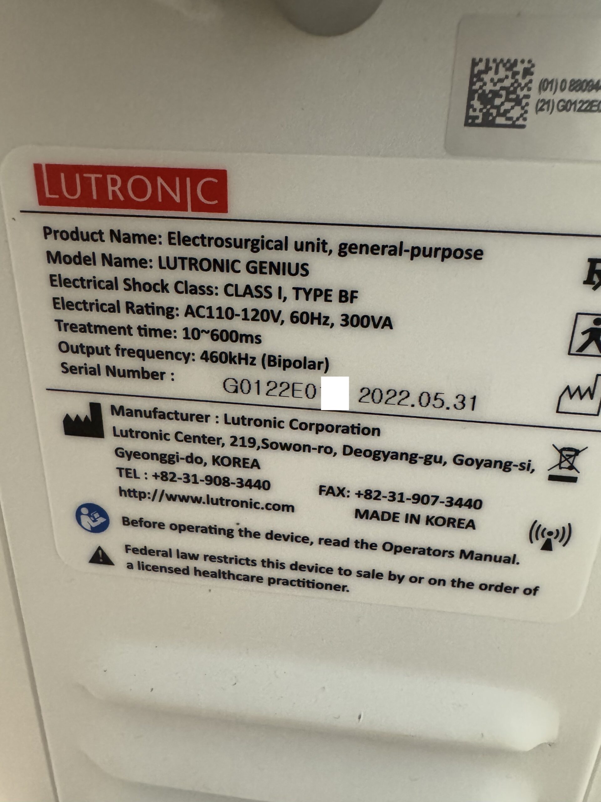 Genius RF manufacturer label and specification copy