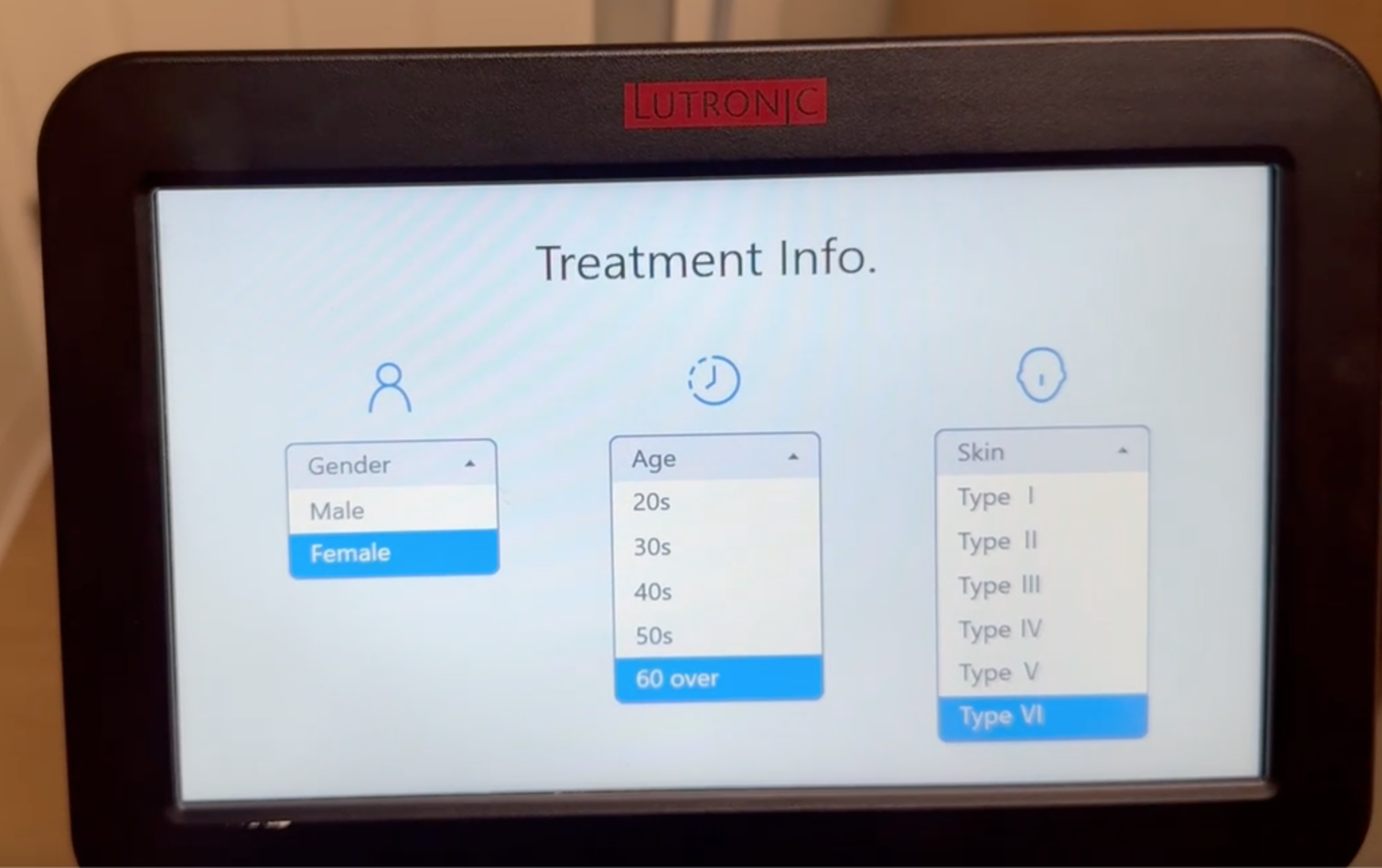 Lutronic Genius treatment ingo screen display
