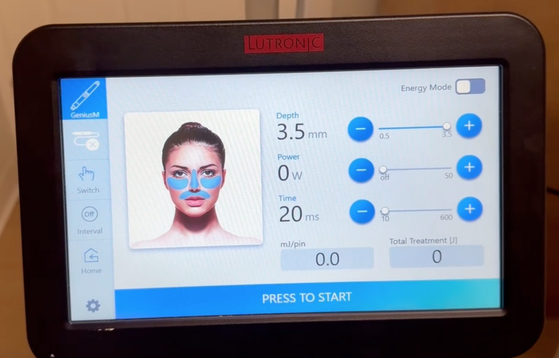 Genius RF facial treatment parameter selection screen