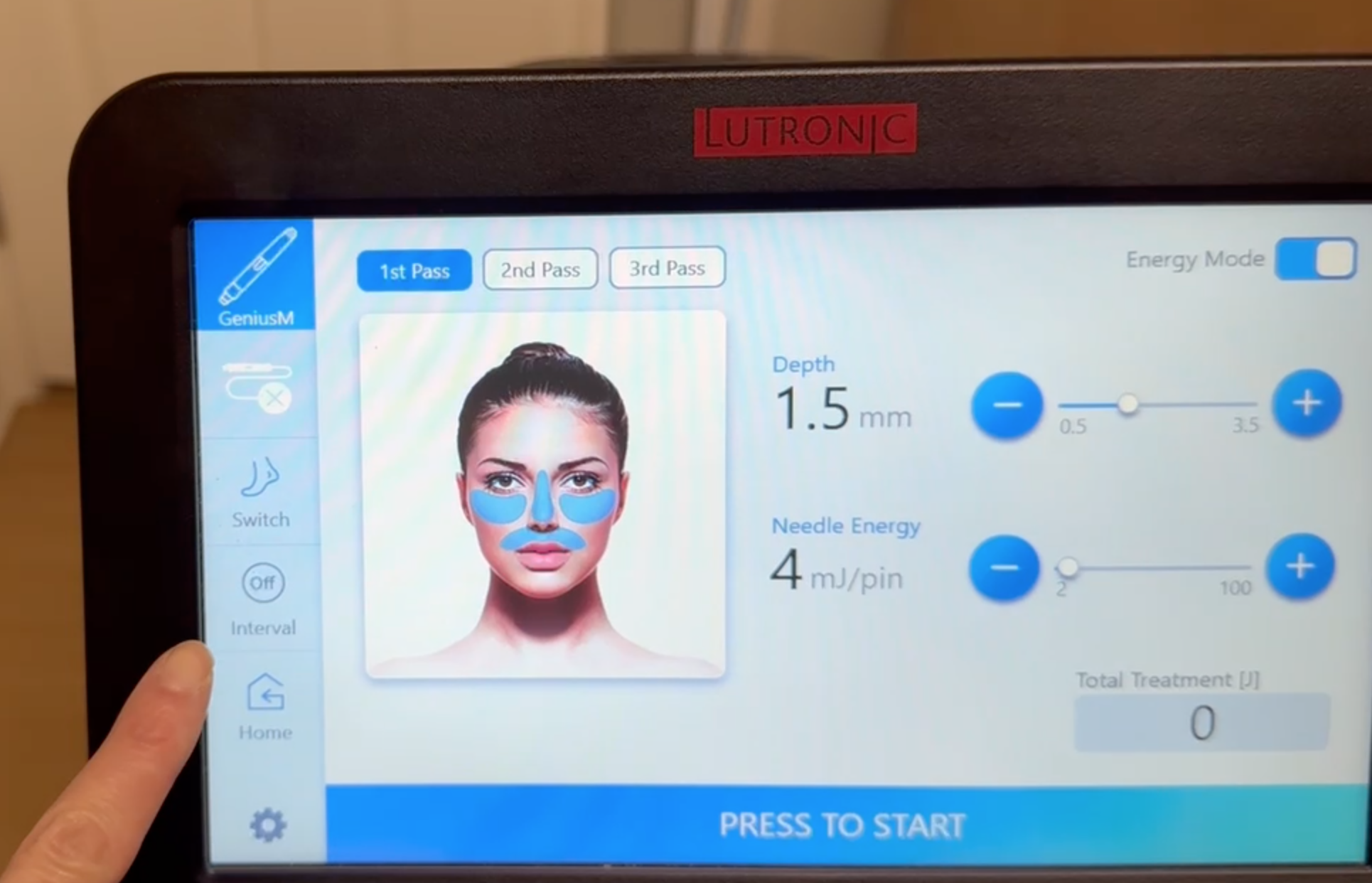Lutronic Genius treatment settings with face diagram interface