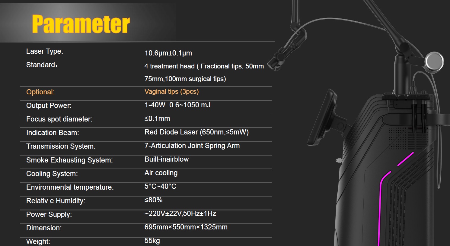 CO2 laser technical specifications list display