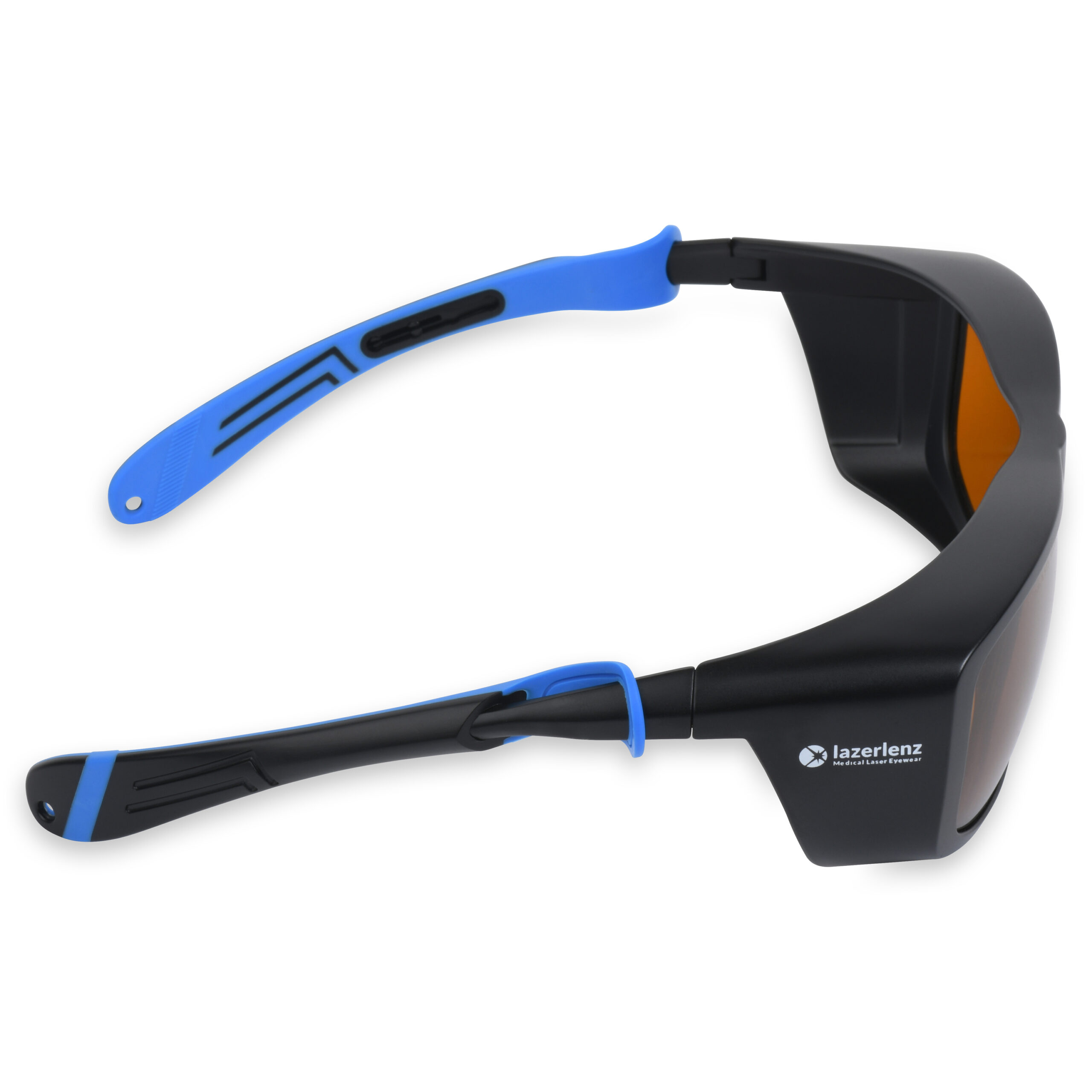 Laser safety eyewear side profile with blue adjustable arms
