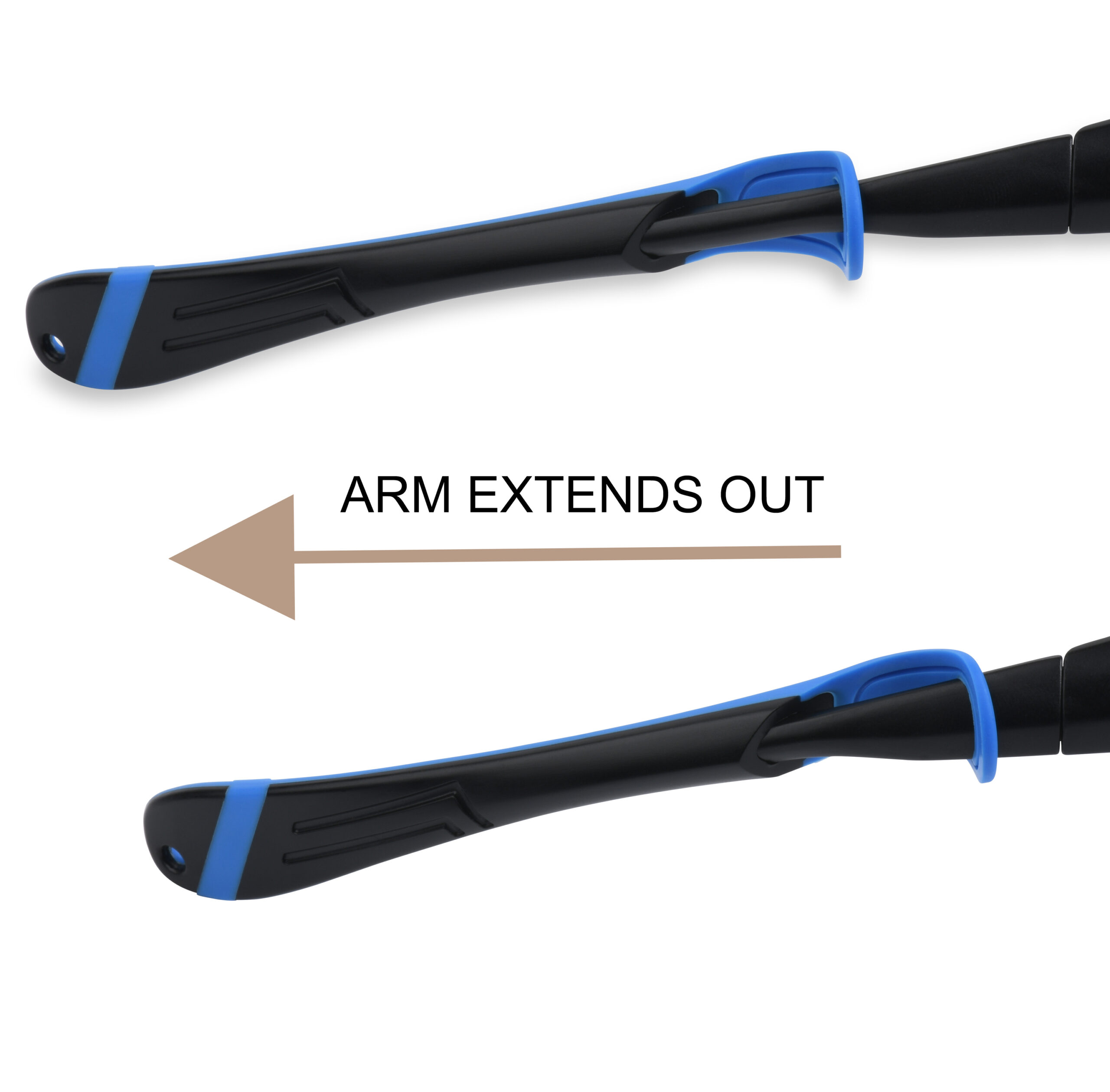 Adjustable arm extension feature on laser safety eyewear