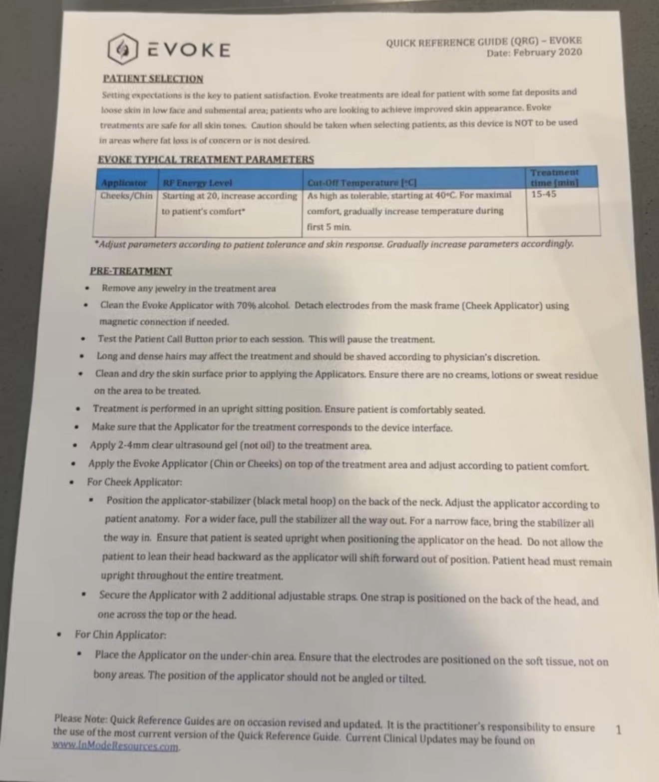 Inmode Evoke 2020 reference guide