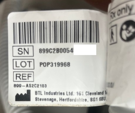 BTL Emsculpt Neo handpiece data label close-up