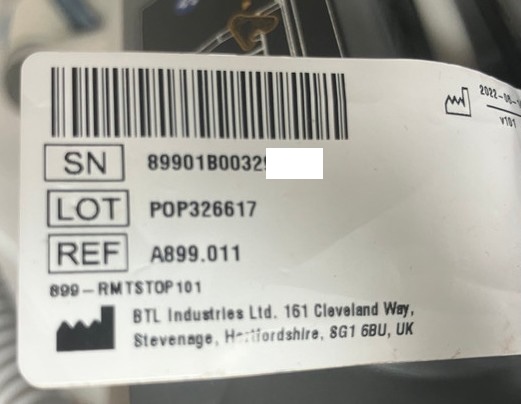 BTL Emsculpt Neo handpiece serial number label detail