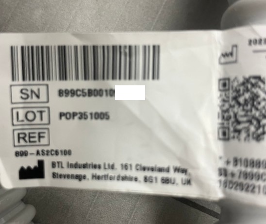 BTL Emsculpt Nep handpiece barcode label detail