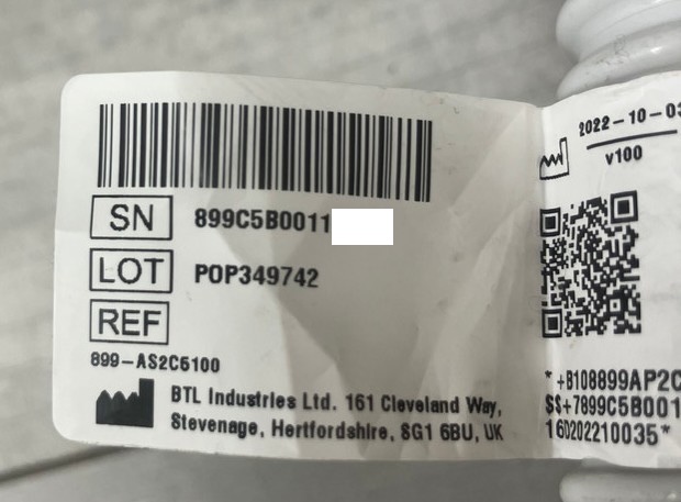 Emsculpt Neo applicator serial number label close-up