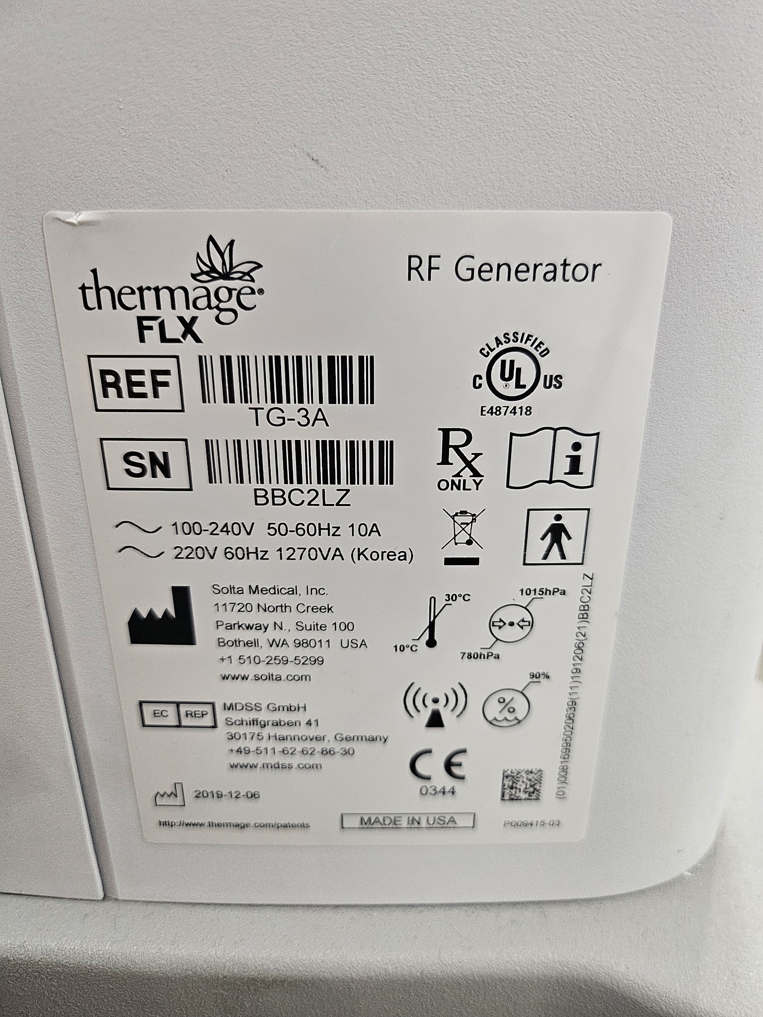 2019 Solta manufacturer label close-up