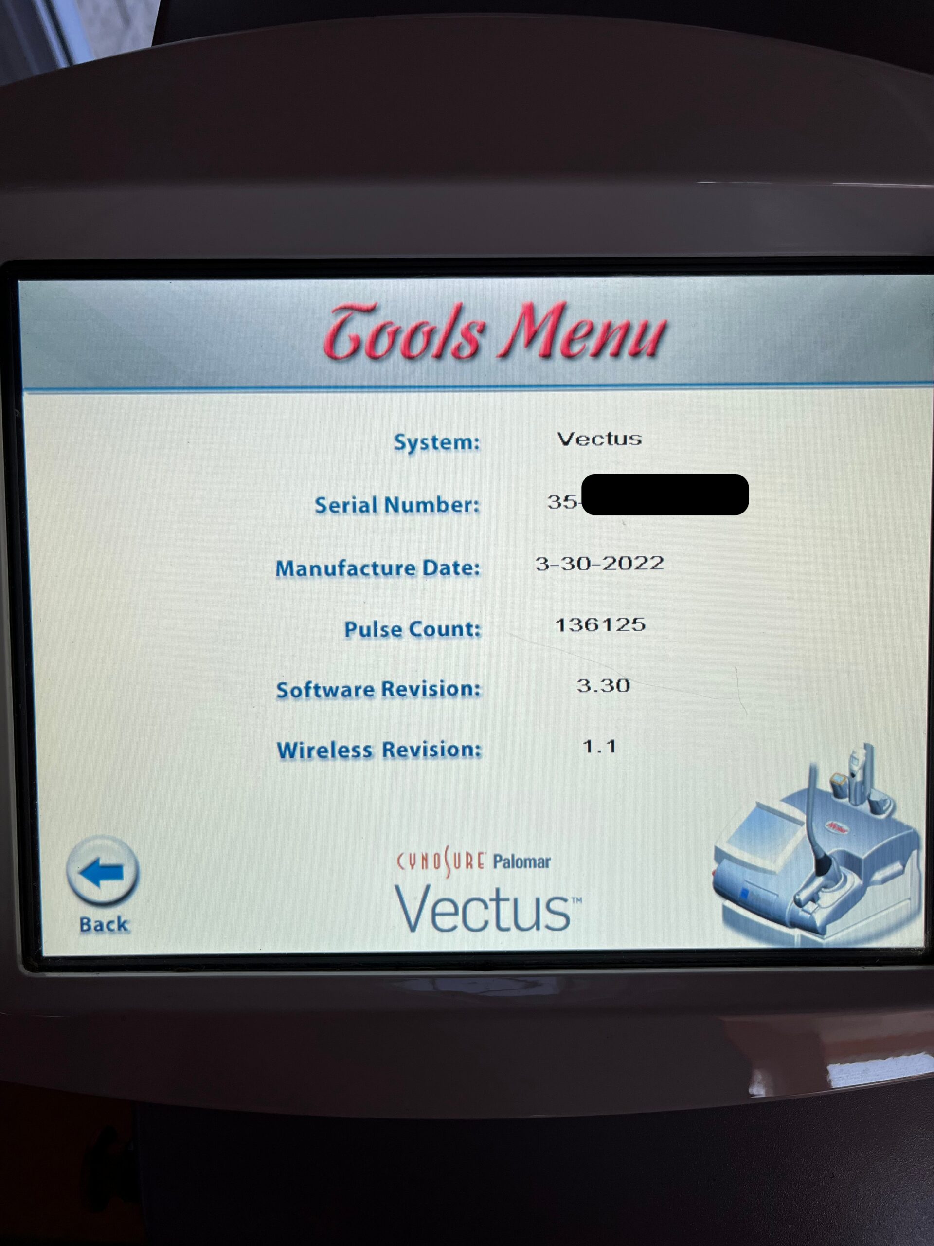 Vectus base system specifications screen display