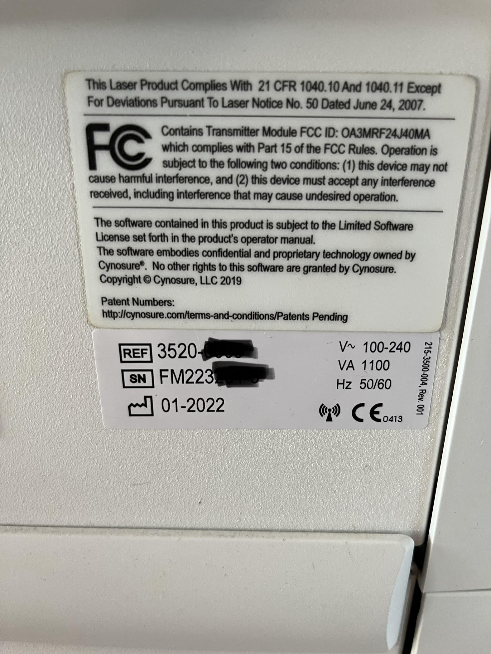 Cynosure Vectus manufacturer plate close up