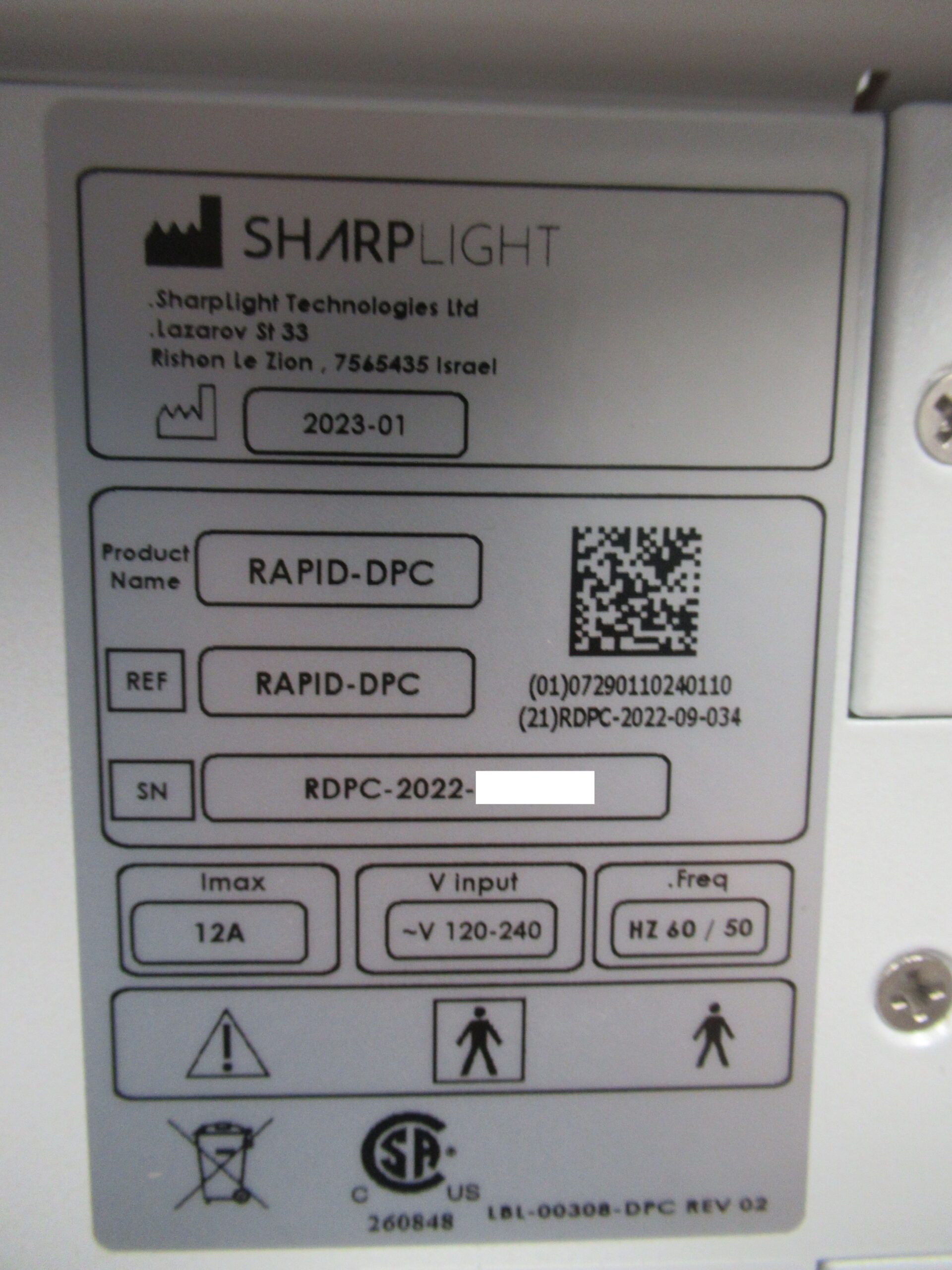 SharpLight Rapid DPC 2023 serial number and manufacturer label