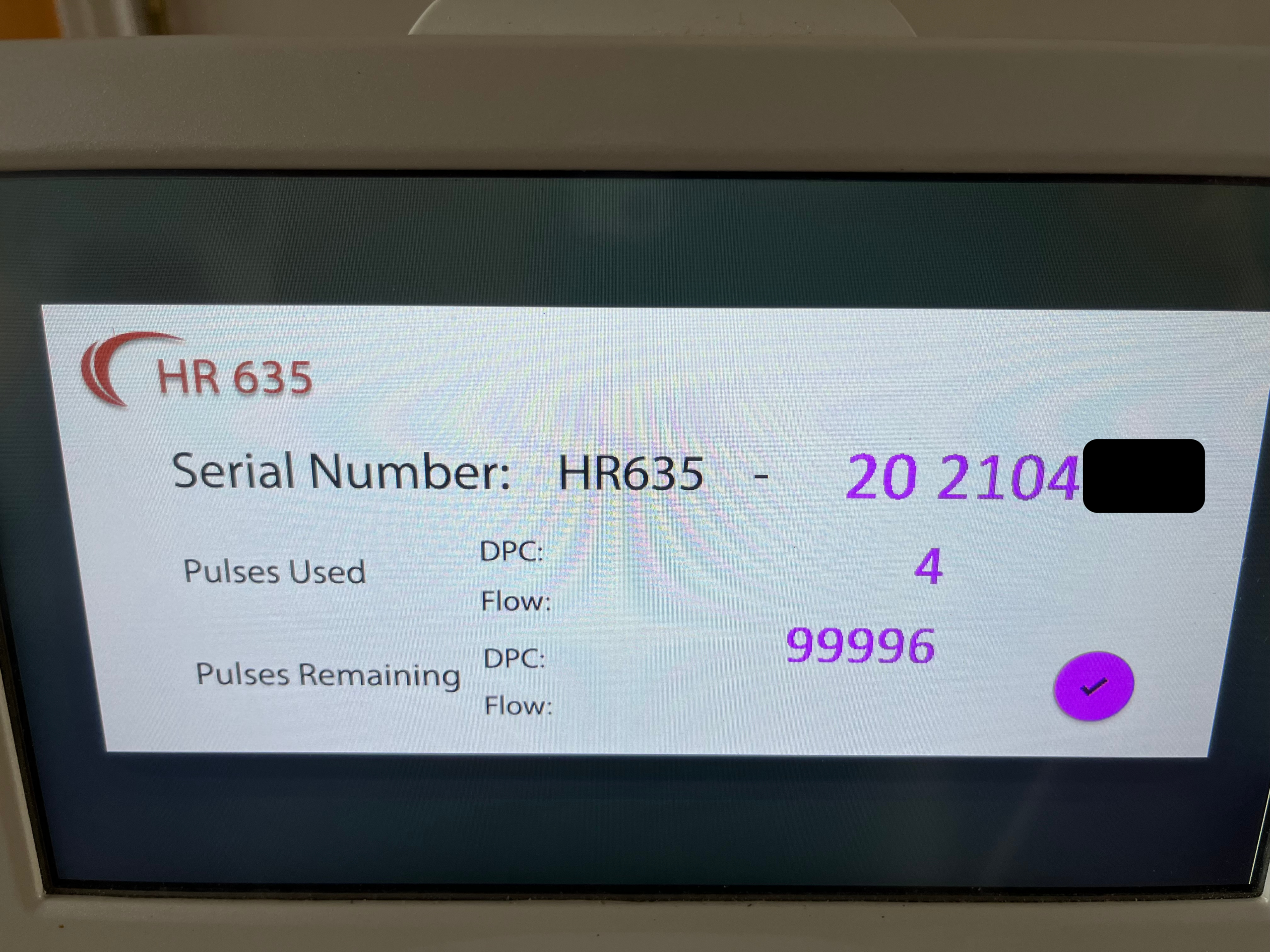 HR 635 handpiece specs on screen