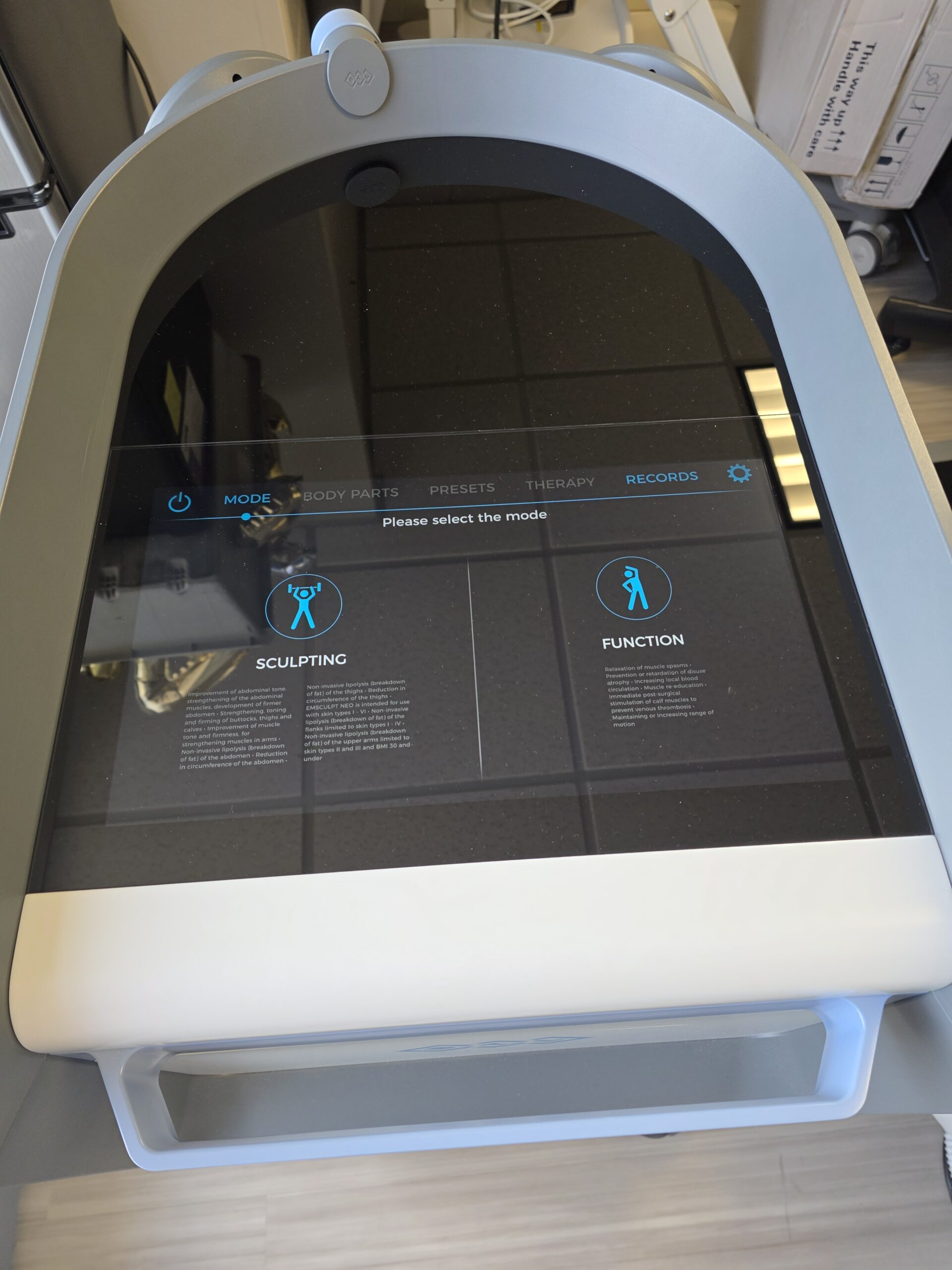Emsculpt Neo + Emsella Chair screen showing modes
