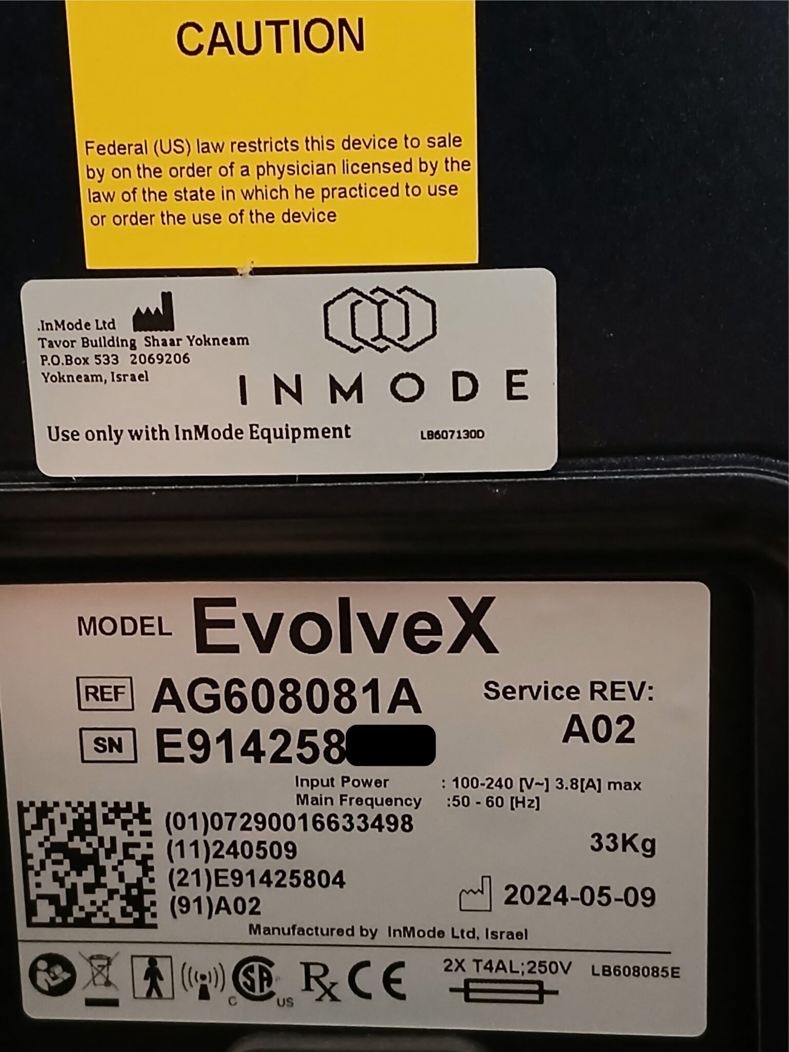 InMode EvolveX 2024 manufacturer label
